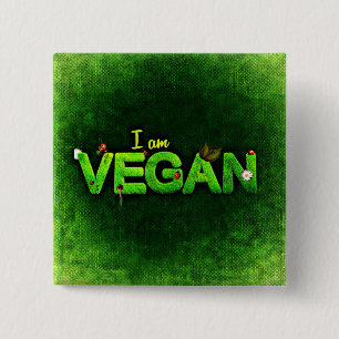 Badge Carré 5 Cm I Am Vegan Written With A Grassy Nature Texture