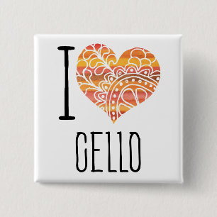 Badge Carré 5 Cm I Love Cello Orange Mandala Heart