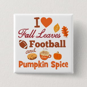 Badge Carré 5 Cm I Love Fall Leaves Football and Citrouille Spice.