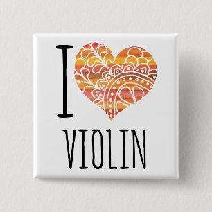 Badge Carré 5 Cm I Love Violon Orange Mandala Heart