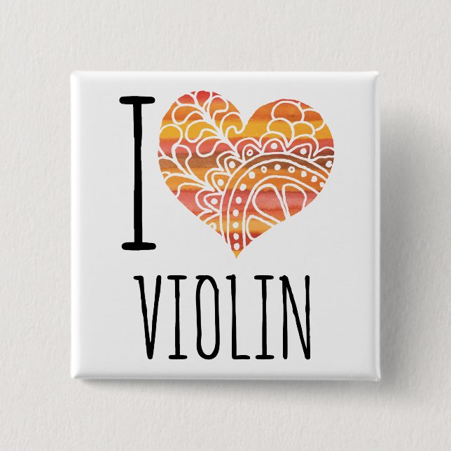 Badge Carré 5 Cm I Love Violon Orange Mandala Heart (Devant)