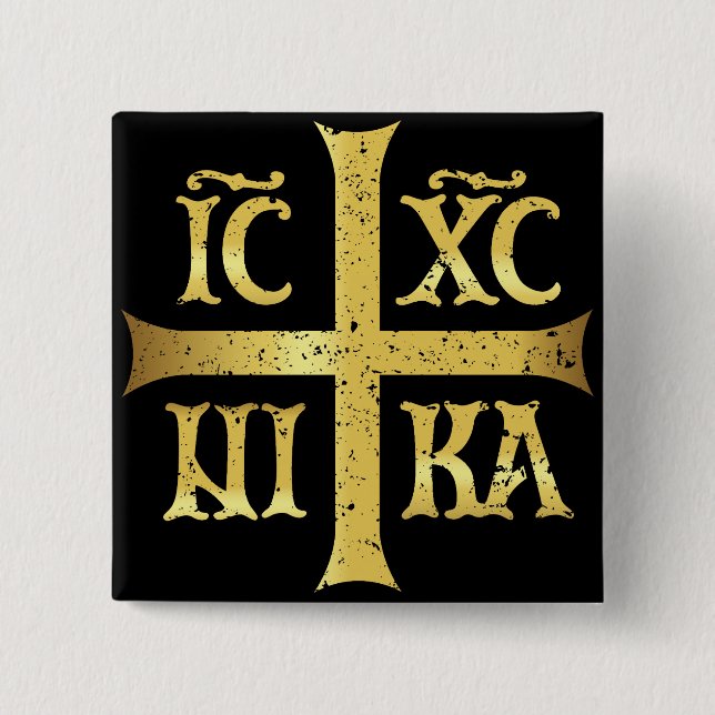 BADGE CARRÉ 5 CM IC XC NIKA JESUS CHRIST CONQUÊTES (Devant)