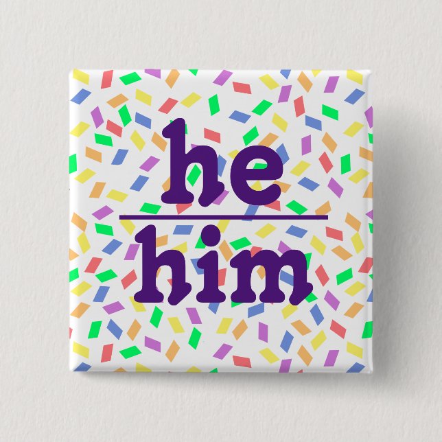 Badge Carré 5 Cm Il Him Pronoun | Pastel Sprinkles | Bouton pourpre (Devant)