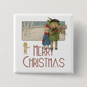 Badge Carré 5 Cm Illustration Antique Enfants Noël 1920