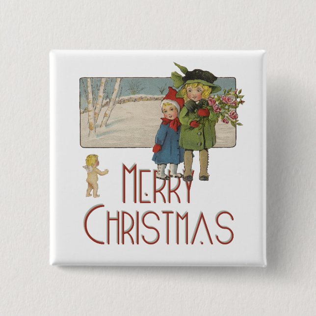 Badge Carré 5 Cm Illustration de Noël Antique Enfants 1920 (Devant)