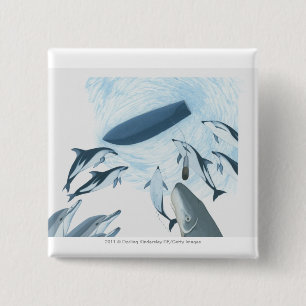 Badge Carré 5 Cm Illustration des dauphins regardant un bateau