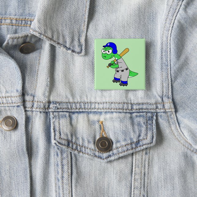 Badge Carré 5 Cm Illustration D'Un Joueur De Baseball Brontosaurus. (En situation)