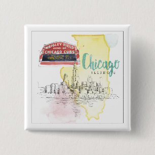 Badge Carré 5 Cm Image de croquis d'aquarelle de Chicago,