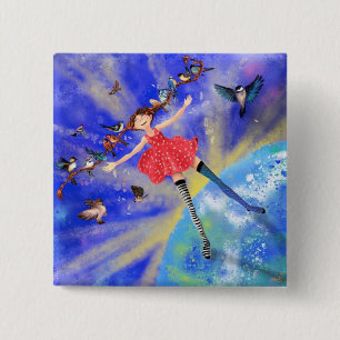 Badge Carré 5 Cm Imaginaire du bouton Fille avec oiseaux