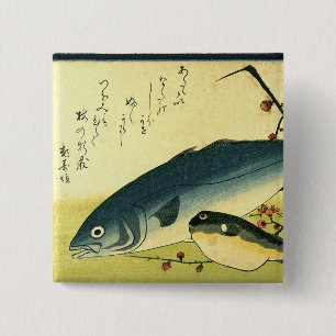 Badge Carré 5 Cm Inada & Fugu - Hiroshige's Japanese Fish Print Mai