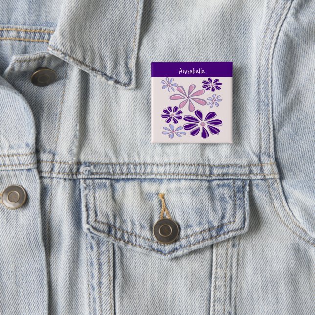 Badge Carré 5 Cm Indigo Bloom Doodle Votre Nom (En situation)