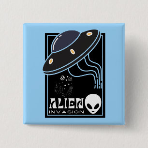 Badge Carré 5 Cm Invasion Alien UFO galaxie spatiale