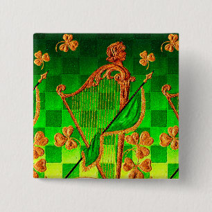 Badge Carré 5 Cm IRLANDE HARP, OR VERT SHAMROCK St Patrick's Day