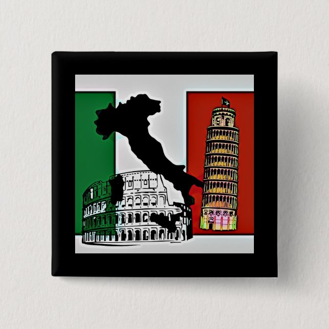 Badge Carré 5 Cm Italie - Drapeau, Silhouette, Tour et Colisée (Devant)