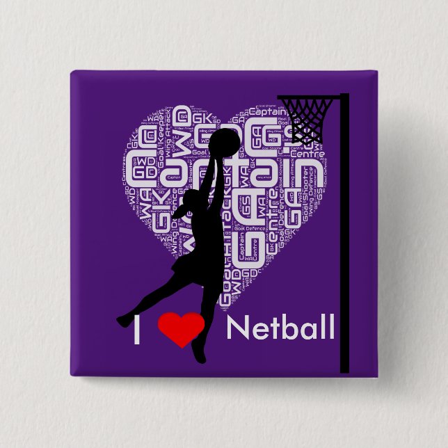 Badge Carré 5 Cm J'aime le net-ball de coeur (Devant)