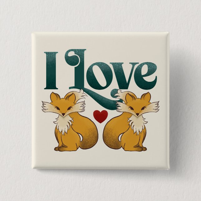 Badge Carré 5 Cm J'Aime Les Renards Mignons Coeur (Devant)