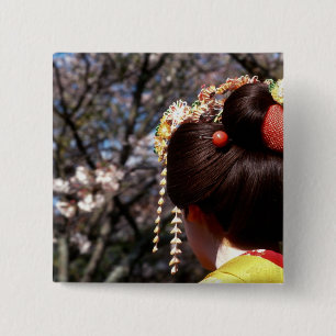 Badge Carré 5 Cm Japon, Kyoto. Vue arrière gros plan de geisha