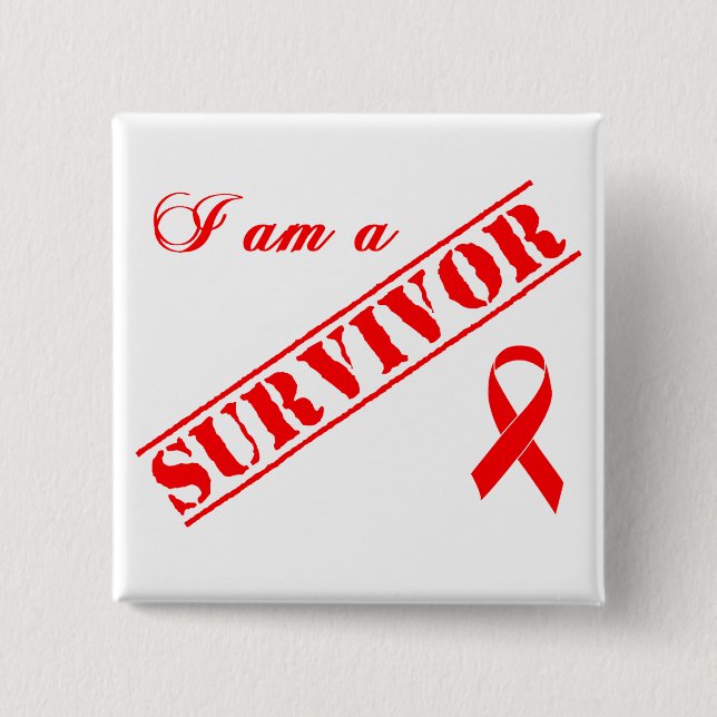 Badge Carré 5 Cm Je suis un survivant - ruban rouge (Devant)