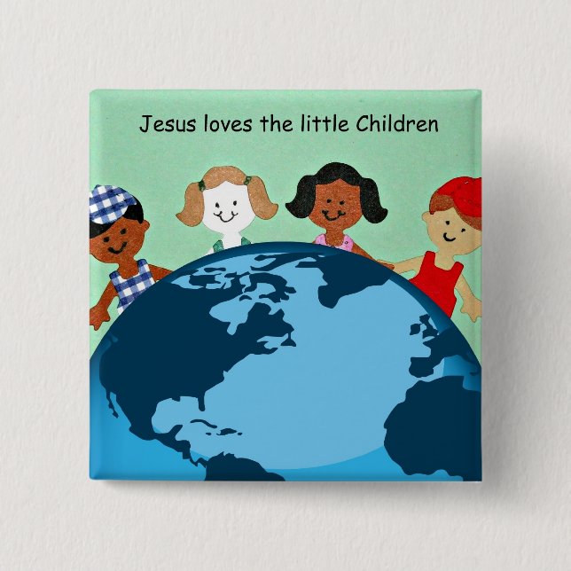 Badge Carré 5 Cm Jésus aime les petits enfants. (Devant)