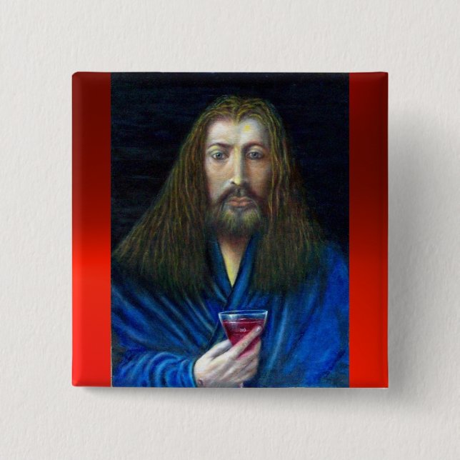 BADGE CARRÉ 5 CM JÉSUS CHRIST, LA CHALICE (Devant)