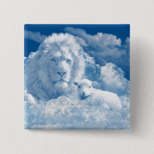 BADGE CARRÉ 5 CM JÉSUS L'AGNEAU ET JÉSUS LE LION
