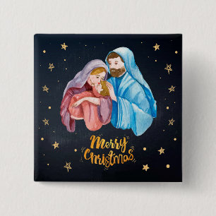 Badge Carré 5 Cm Jésus, Mary and Joseph - Merry Christmas