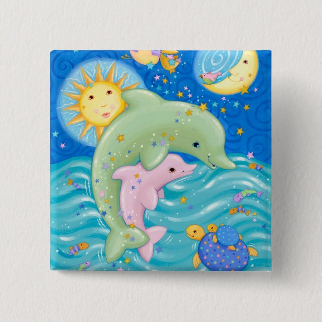 Badge Carré 5 Cm Jeu de dauphins (Devant)