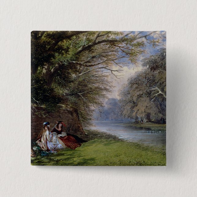 Badge Carré 5 Cm Jeunes dames par une rivière (Devant)
