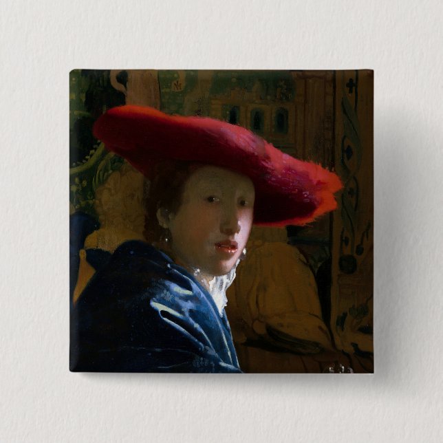 Badge Carré 5 Cm Johannes Vermeer - Fille avec un Casquette rouge (Devant)