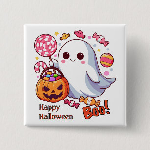 Badge Carré 5 Cm Joli fantôme d'Halloween effrayant, citrouilles et