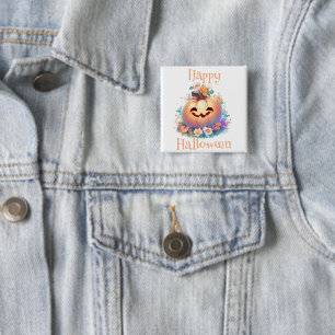 Badge Carré 5 Cm Joli Halloween Citrouille