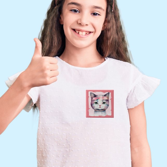 Badge Carré 5 Cm Joli Kitty Avec Bouton Bow Rose (Créateur téléchargé)