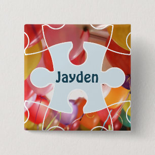 Badge Carré 5 Cm Jouer Puzzle Balloon Anniversaire Nom de la fête