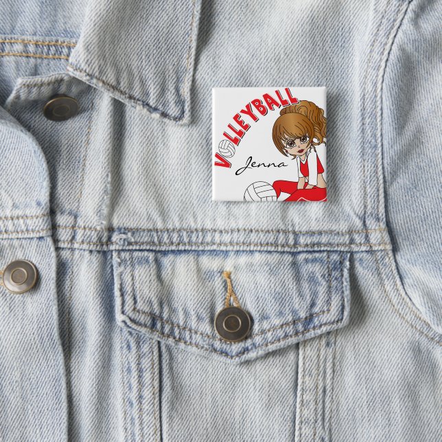 Badge Carré 5 Cm Joueur de volley-ball fille mignonne en rouge (En situation)