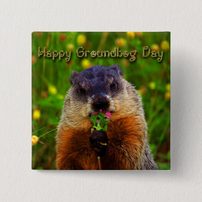 Badge Carré 5 Cm Jour de Groundhog heureux mangeant la fleur (Devant)