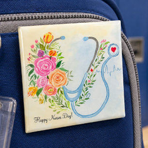 Badge Carré 5 Cm Joyeuse Fête des Infirmières Fleur Stéthoscope App