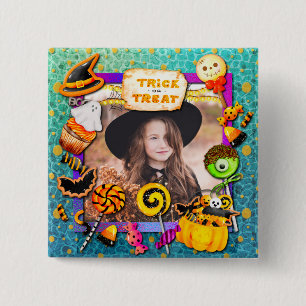 Badge Carré 5 Cm Joyeuse fête d'Halloween remplie de friandises