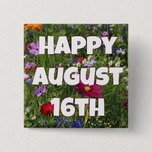 Badge Carré 5 Cm Joyeux 16 Août Bouton fleuri jolie