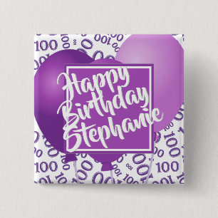 Badge Carré 5 Cm Joyeux Anniversaire 100ème motif numérique Violet/