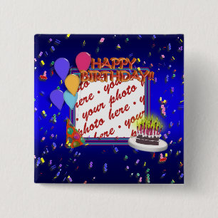 Badge Carré 5 Cm Joyeux Anniversaire Avec Confetti Photo Frame