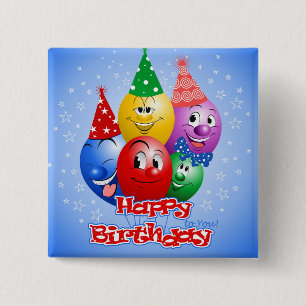 Badge Carré 5 Cm Joyeux Anniversaire Ballons Drôles,