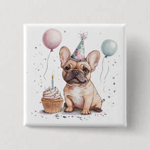Badge Carré 5 Cm Joyeux Anniversaire Bouledogue Français