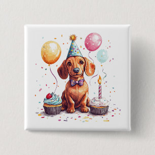 Badge Carré 5 Cm Joyeux Anniversaire Chien Dachshund