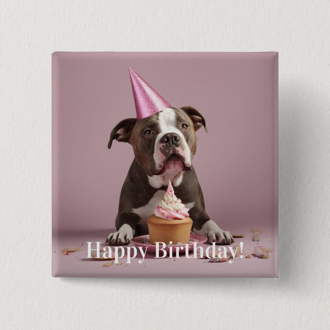 Badge Carré 5 Cm Joyeux anniversaire ! Chien mangeant du gâteau (Devant)