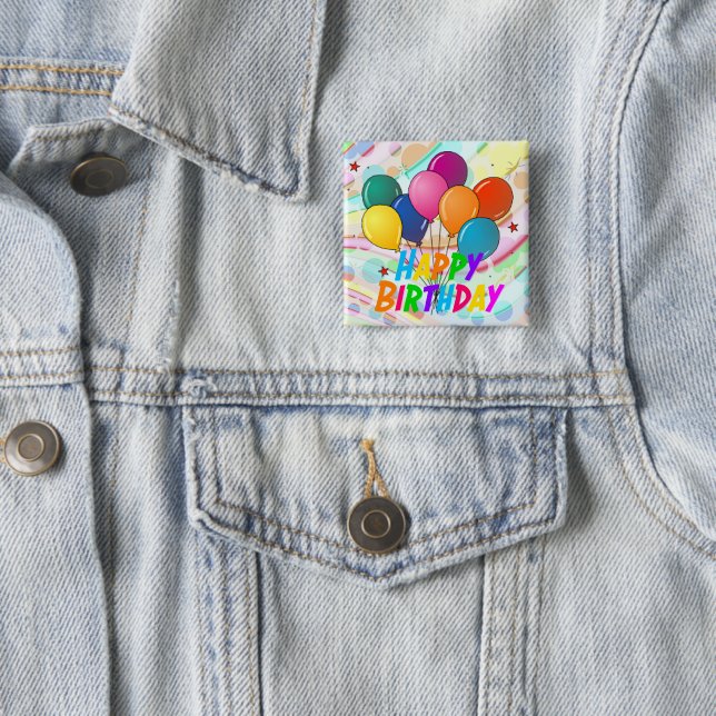 Badge Carré 5 Cm Joyeux anniversaire, design festif, (En situation)