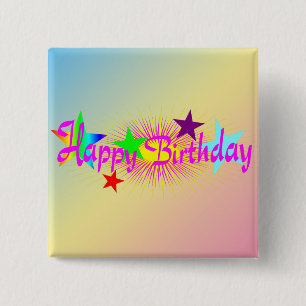 Badge Carré 5 Cm Joyeux anniversaire et étoiles -