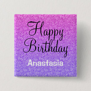 Badge Carré 5 Cm Joyeux Anniversaire Glamour Ombre Violet Paillette