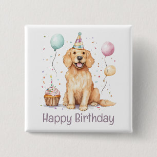 Badge Carré 5 Cm Joyeux Anniversaire Golden Retriever Chien