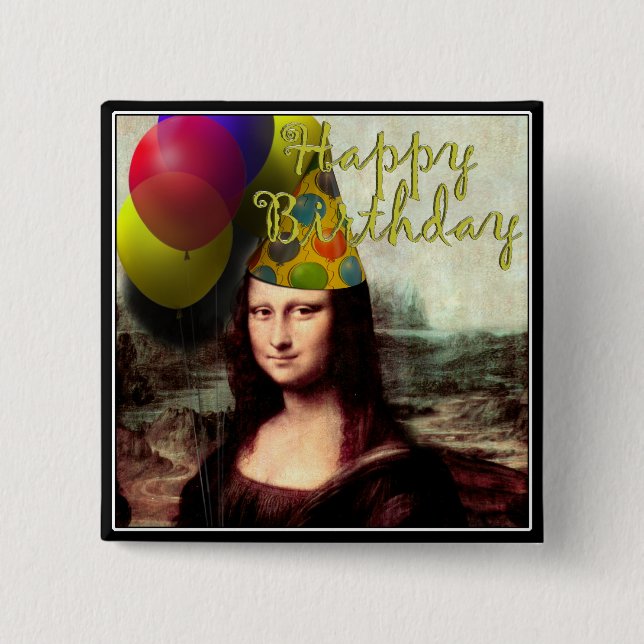 Badge Carré 5 Cm Joyeux anniversaire Mona Lisa (Devant)