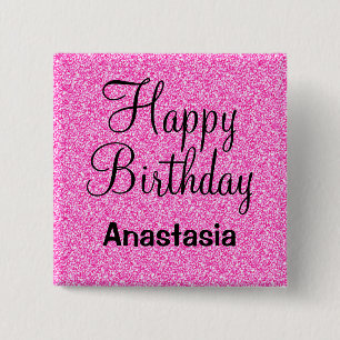 Badge Carré 5 Cm Joyeux Anniversaire Paillettes Rose Chaud Nom